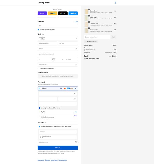 Chasing Paper checkout page showing Chasing Paper discount code box | Screenshot taken by SimplyCodes community member on Sep 4, 2025