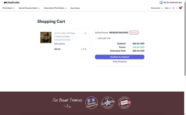 Chatbooks checkout page showing Chatbooks promo code box | Screenshot taken by SimplyCodes community member on Aug 27, 2025