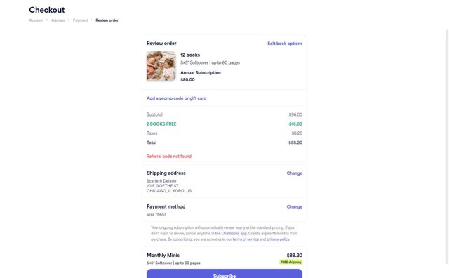 Chatbooks checkout page showing Chatbooks promo code box | Screenshot taken by SimplyCodes community member on Sep 3, 2025