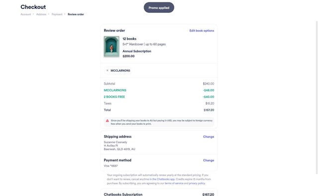 Chatbooks checkout page showing Chatbooks promo code box | Screenshot taken by SimplyCodes community member on Sep 3, 2025