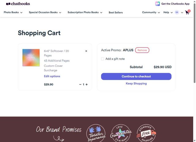 Chatbooks checkout page showing Chatbooks promo code box | Screenshot taken by SimplyCodes community member on Aug 28, 2025