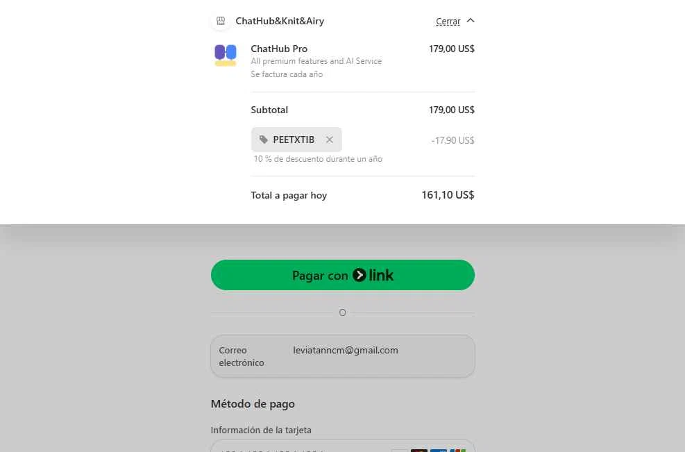 ChatHub AI checkout page showing ChatHub AI promo code box | Screenshot taken by SimplyCodes community member on Aug 7, 2025