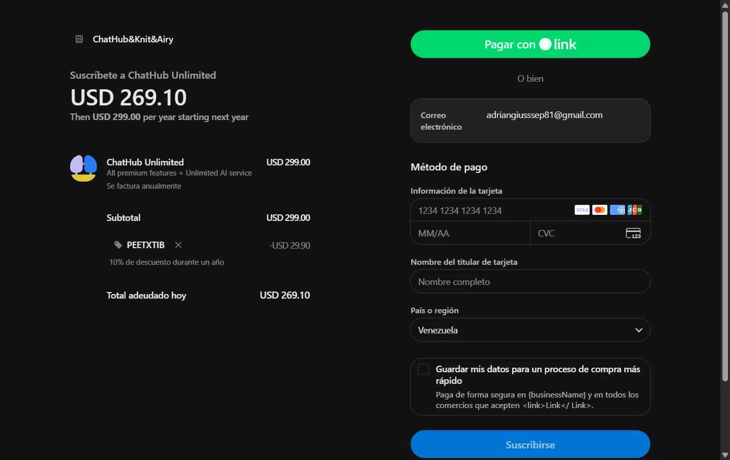 ChatHub AI checkout page showing ChatHub AI promo code box | Screenshot taken by SimplyCodes community member on Sep 5, 2025