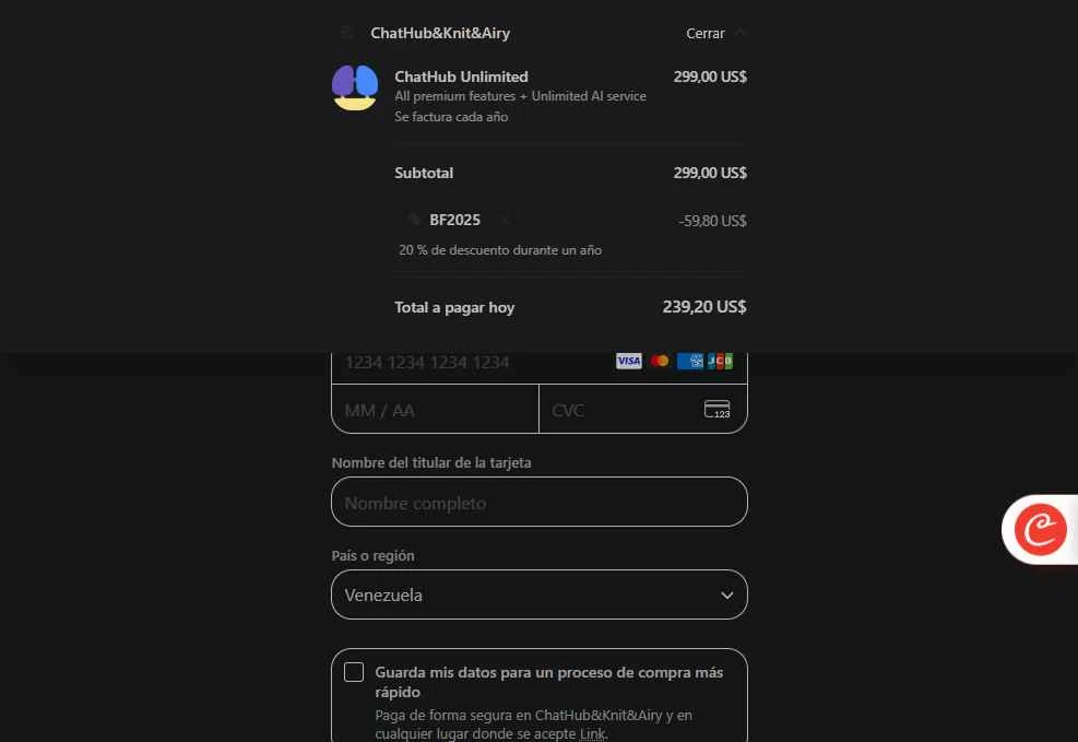 ChatHub AI checkout page showing ChatHub AI promo code box | Screenshot taken by SimplyCodes community member on Dec 24, 2025