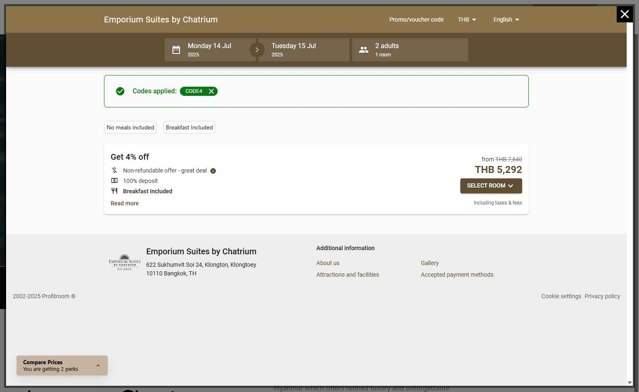 Chatrium Hotels & Residences checkout page showing Chatrium Hotels & Residences discount code box | Screenshot taken by SimplyCodes community member on Jul 12, 2025