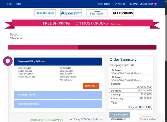 CheapAsContacts checkout page showing CheapAsContacts coupon code box | Screenshot taken by SimplyCodes community member on Sep 4, 2025