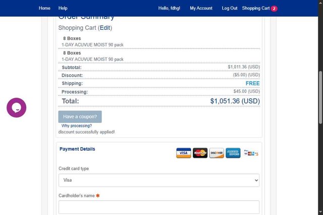 CheapAsContacts checkout page showing CheapAsContacts coupon code box | Screenshot taken by SimplyCodes community member on Sep 4, 2025