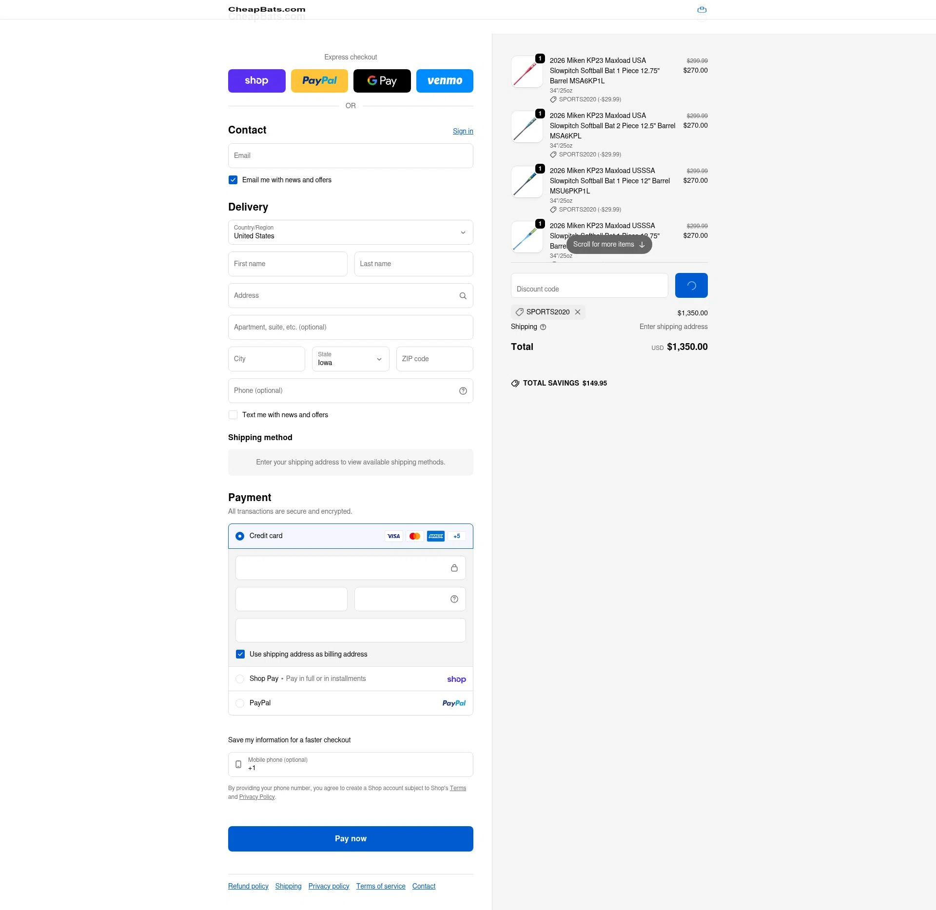 CheapBats checkout page showing CheapBats promo code box | Screenshot taken by SimplyCodes community member on Feb 12, 2026