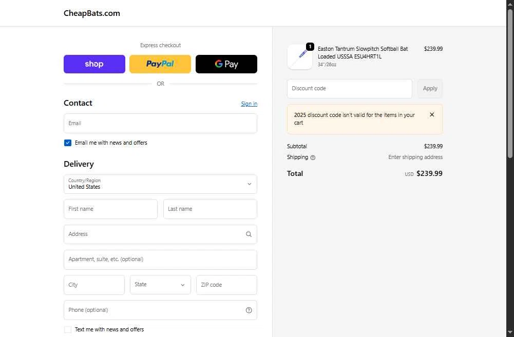 CheapBats checkout page showing CheapBats promo code box | Screenshot taken by SimplyCodes community member on Feb 12, 2026