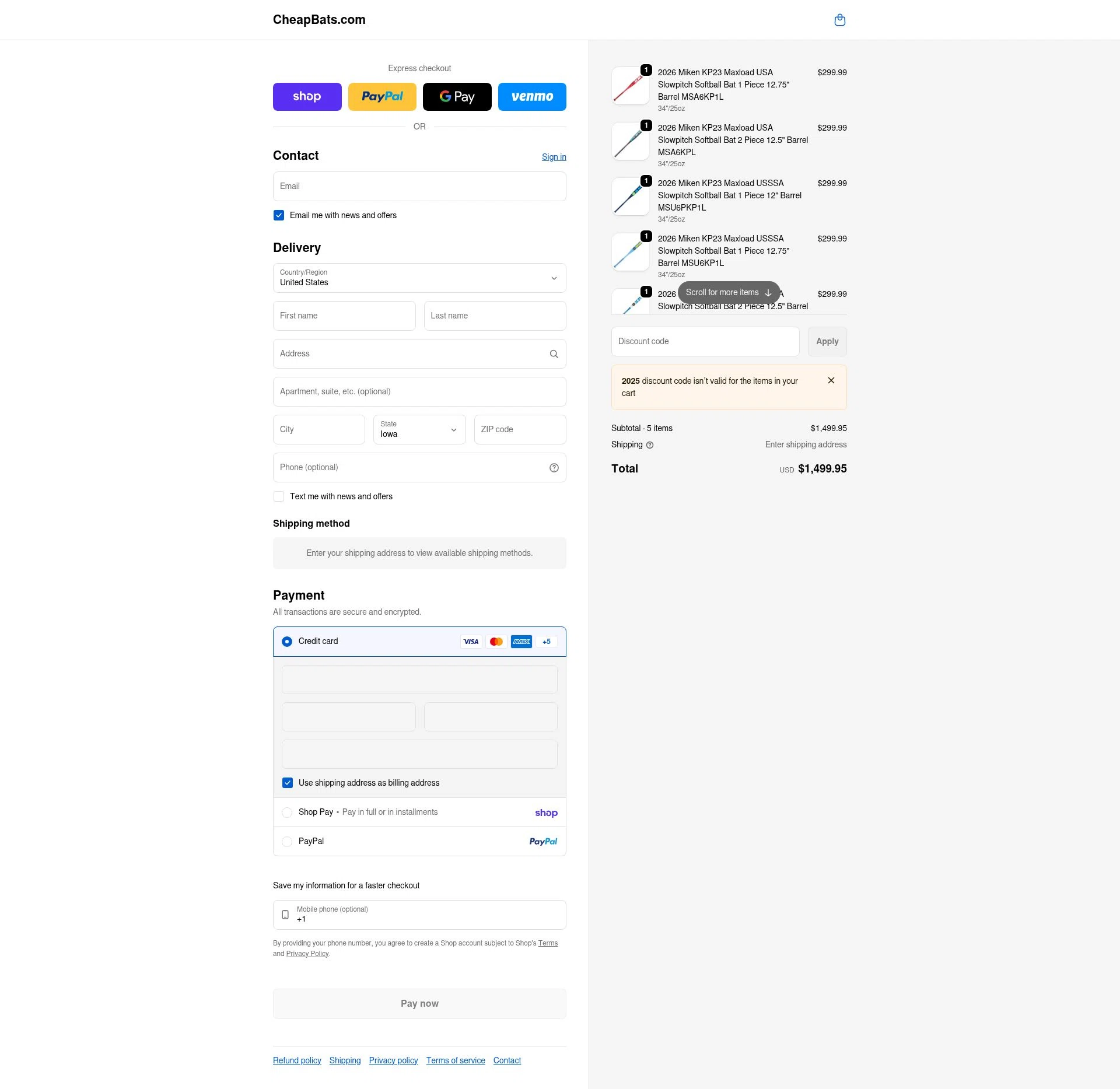 CheapBats checkout page showing CheapBats promo code box | Screenshot taken by SimplyCodes community member on Feb 15, 2026