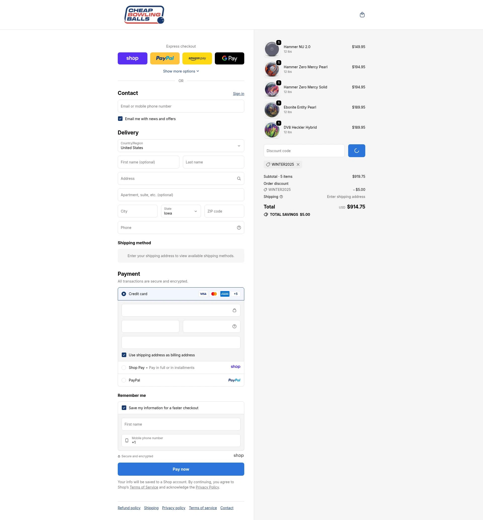 CheapBowlingBalls.com checkout page showing CheapBowlingBalls.com promo code box | Screenshot taken by SimplyCodes community member on Dec 20, 2025