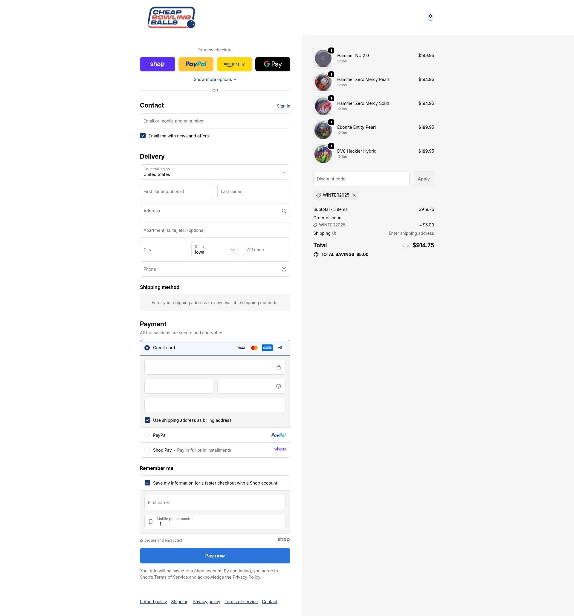 CheapBowlingBalls.com checkout page showing CheapBowlingBalls.com promo code box | Screenshot taken by SimplyCodes community member on Dec 8, 2025