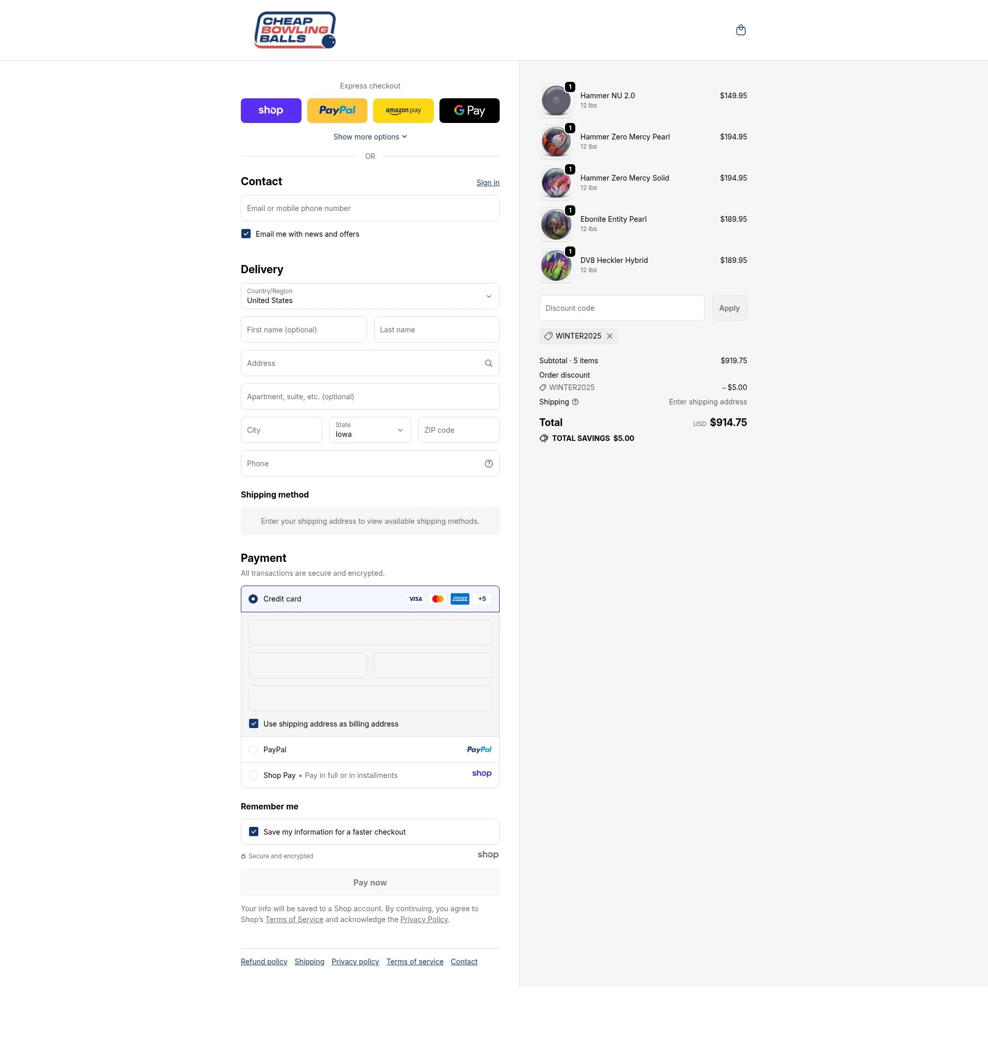 CheapBowlingBalls.com checkout page showing CheapBowlingBalls.com promo code box | Screenshot taken by SimplyCodes community member on Dec 13, 2025