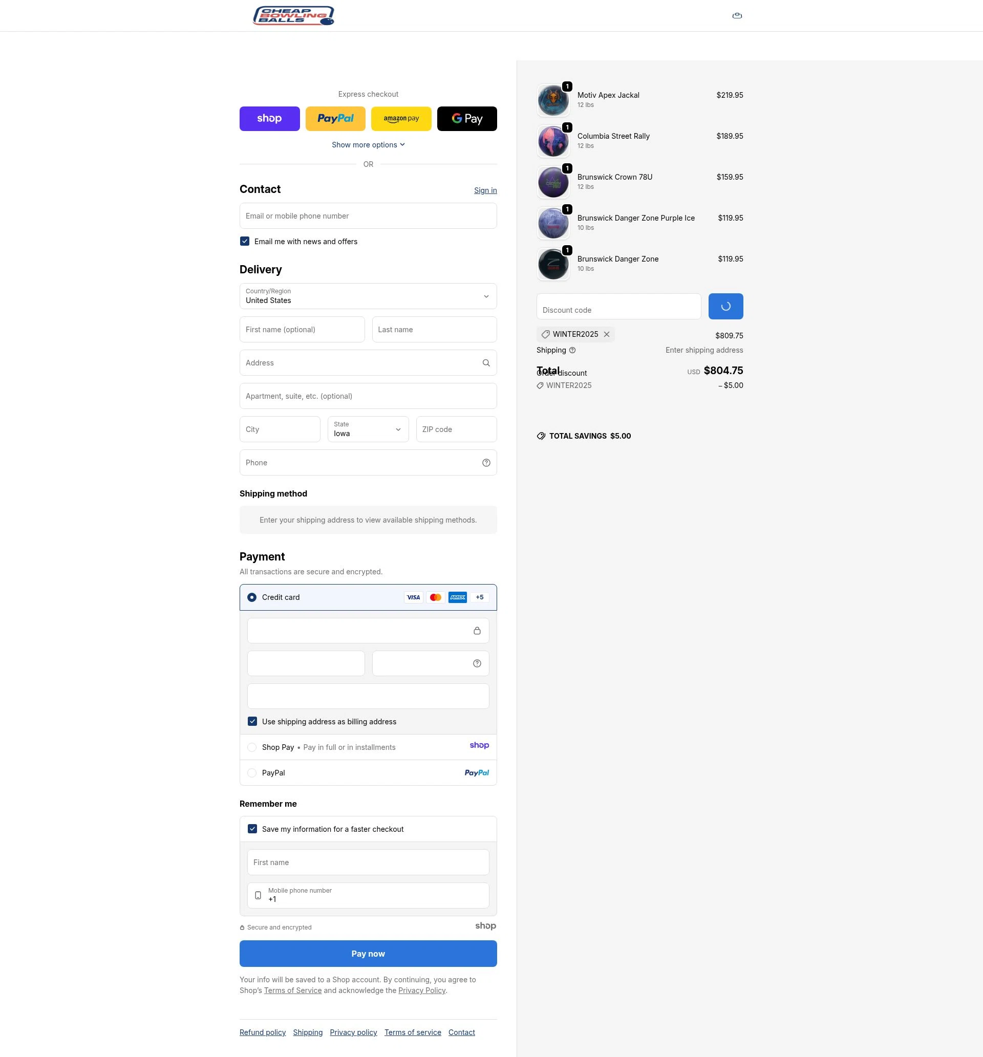 CheapBowlingBalls.com checkout page showing CheapBowlingBalls.com promo code box | Screenshot taken by SimplyCodes community member on Jan 5, 2026