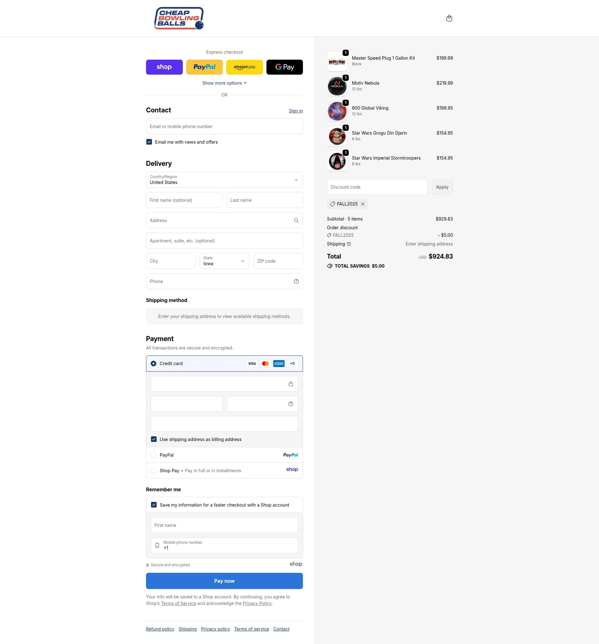 CheapBowlingBalls.com checkout page showing CheapBowlingBalls.com promo code box | Screenshot taken by SimplyCodes community member on Nov 22, 2025