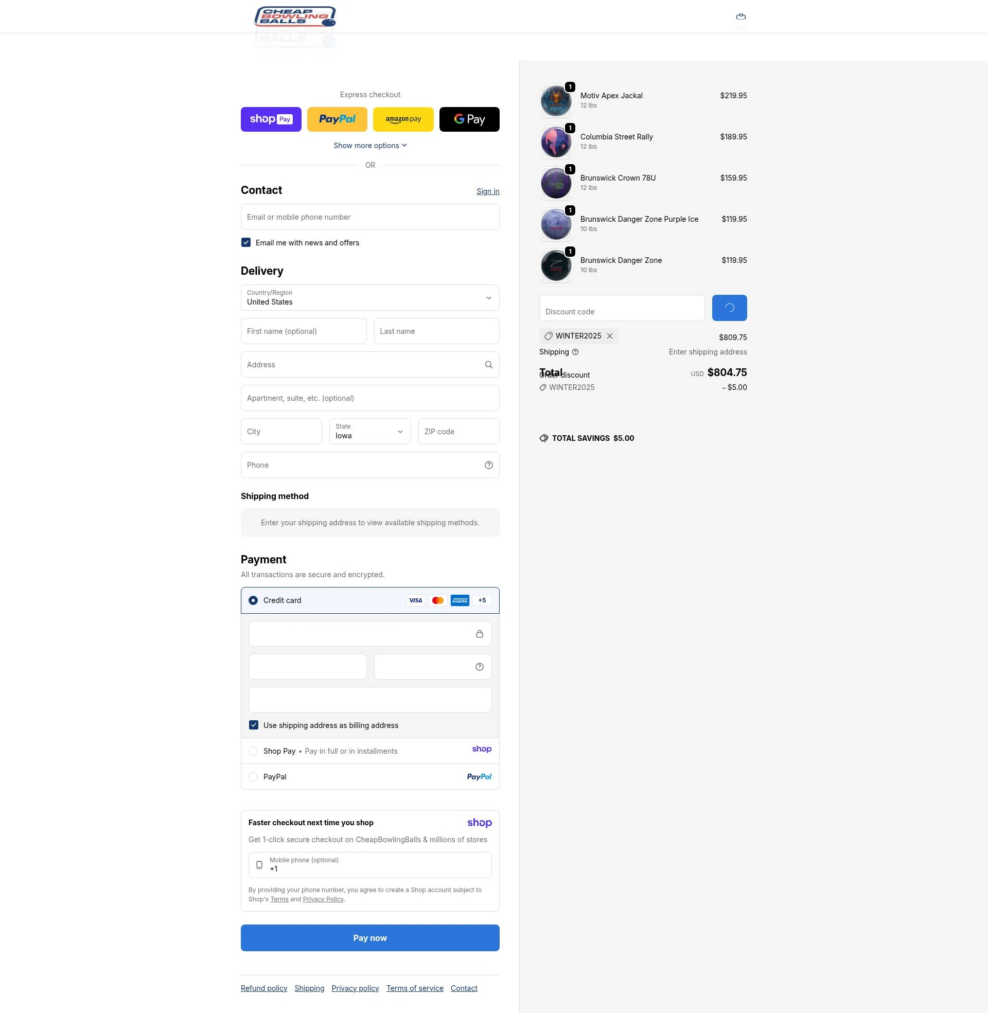 CheapBowlingBalls.com checkout page showing CheapBowlingBalls.com promo code box | Screenshot taken by SimplyCodes community member on Jan 10, 2026