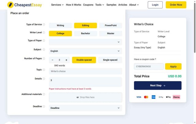 Cheapest Essay checkout page showing Cheapest Essay promo code box | Screenshot taken by SimplyCodes community member on May 21, 2025