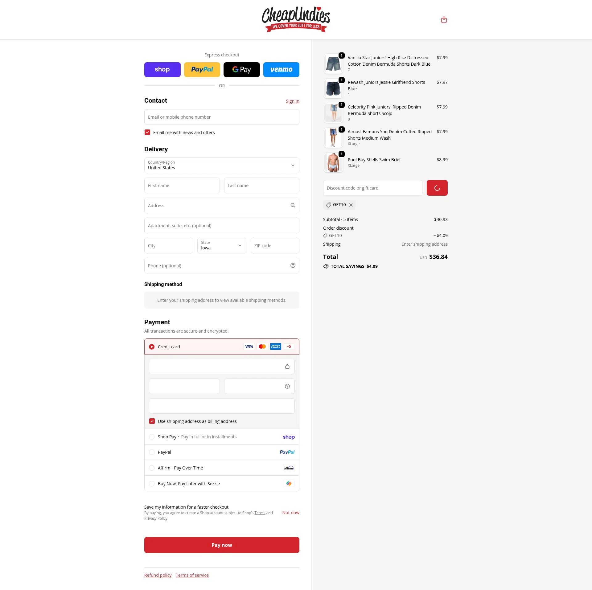CheapUndies checkout page showing CheapUndies discount code box | Screenshot taken by SimplyCodes community member on Feb 19, 2026