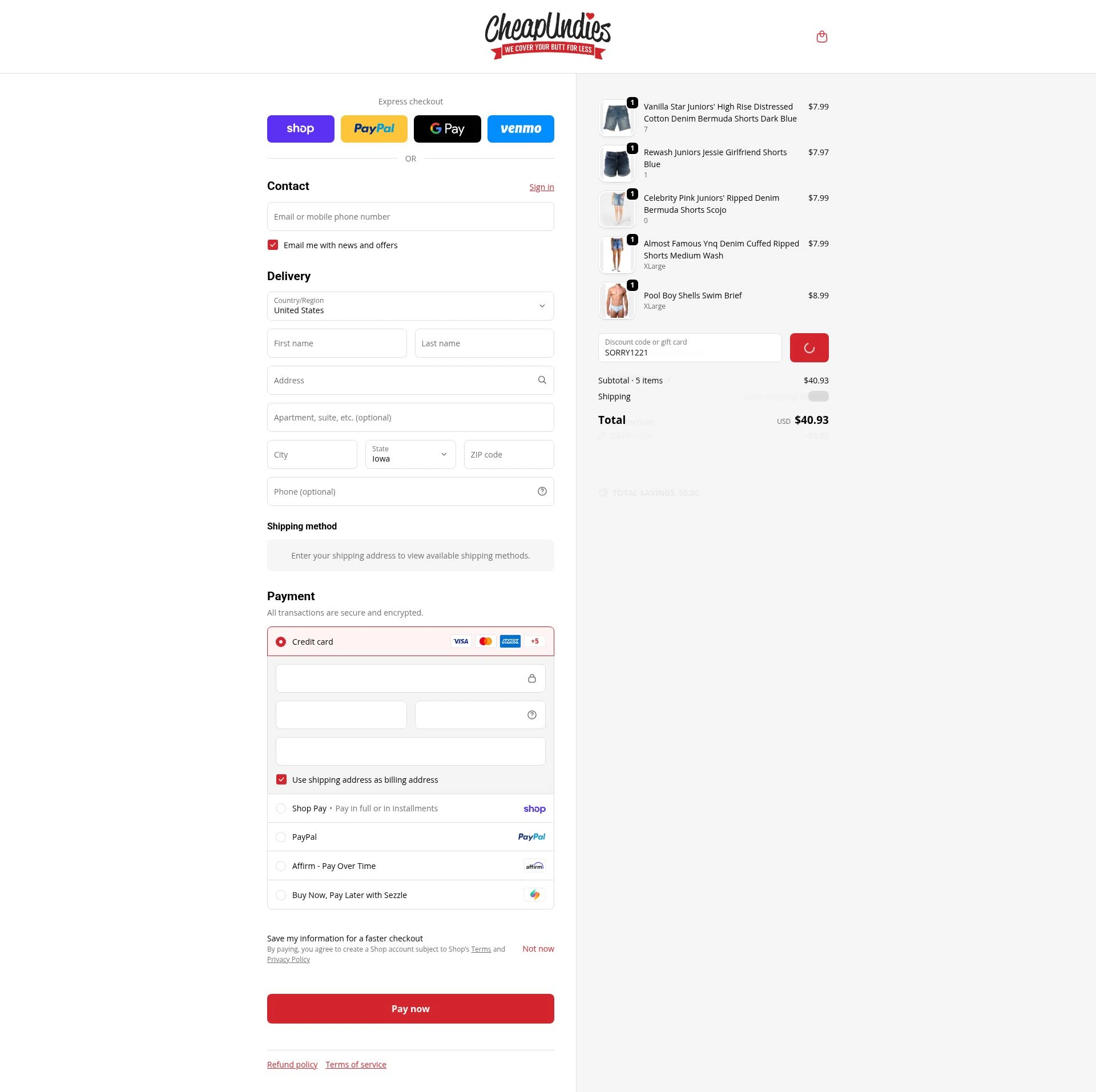 CheapUndies checkout page showing CheapUndies discount code box | Screenshot taken by SimplyCodes community member on Feb 19, 2026