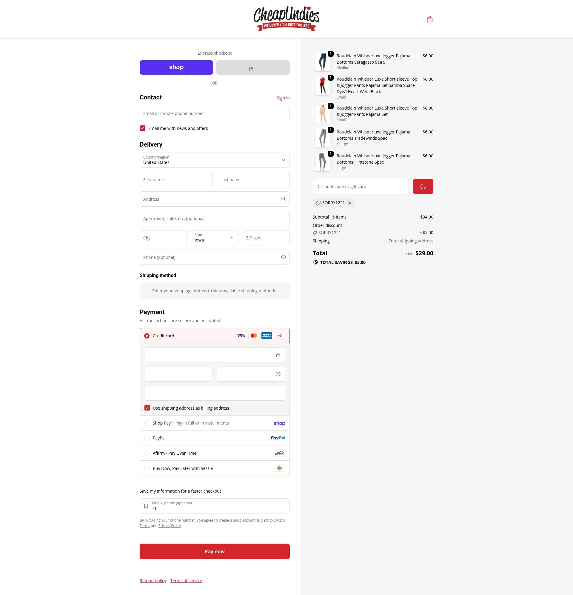 CheapUndies checkout page showing CheapUndies discount code box | Screenshot taken by SimplyCodes community member on Feb 15, 2026