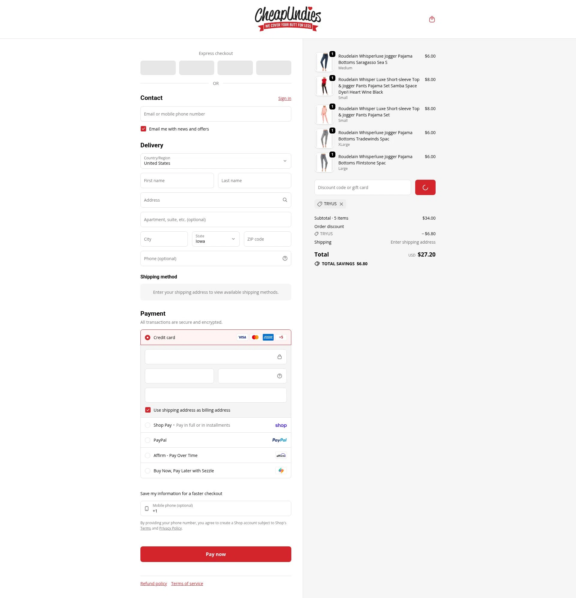 CheapUndies checkout page showing CheapUndies discount code box | Screenshot taken by SimplyCodes community member on Feb 15, 2026