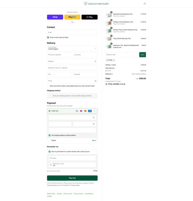 Check My Body Health checkout page showing Check My Body Health discount code box | Screenshot taken by SimplyCodes community member on Sep 7, 2025