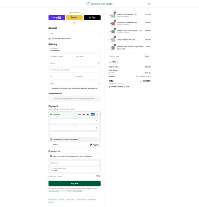 Check My Body Health checkout page showing Check My Body Health discount code box | Screenshot taken by SimplyCodes community member on Aug 4, 2025