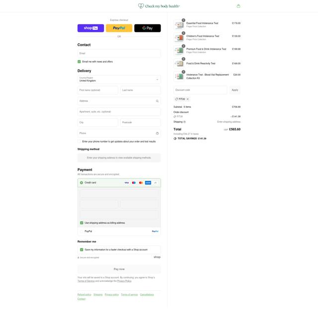 Check My Body Health checkout page showing Check My Body Health discount code box | Screenshot taken by SimplyCodes community member on Aug 26, 2025