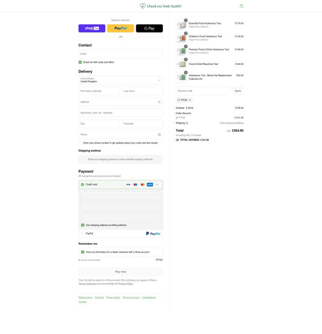 Check My Body Health checkout page showing Check My Body Health discount code box | Screenshot taken by SimplyCodes community member on Aug 12, 2025