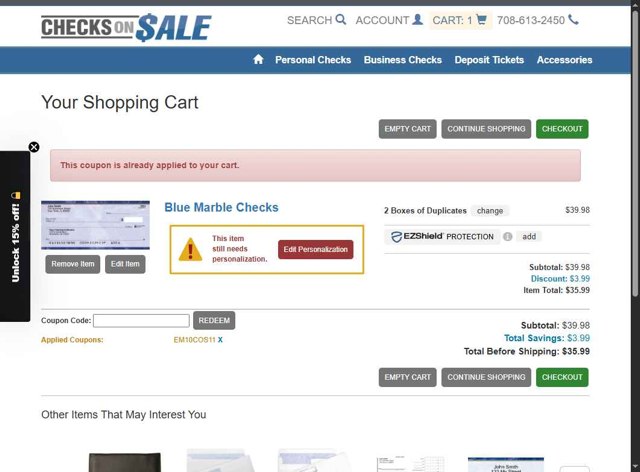 Checks on Sale checkout page showing Checks on Sale coupon code box | Screenshot taken by SimplyCodes community member on Jul 4, 2025