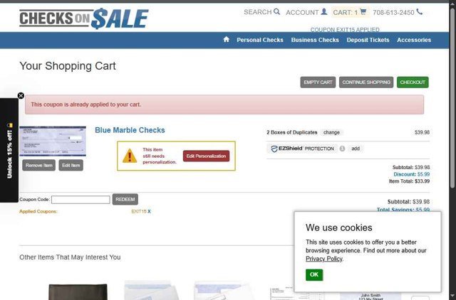 Checks on Sale checkout page showing Checks on Sale coupon code box | Screenshot taken by SimplyCodes community member on Jul 4, 2025