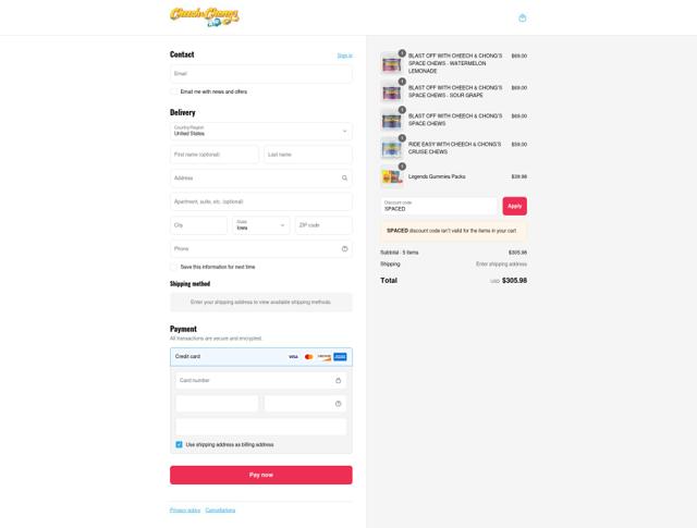 Cheech and Chong checkout page showing Cheech and Chong promo code box | Screenshot taken by SimplyCodes community member on Sep 12, 2025