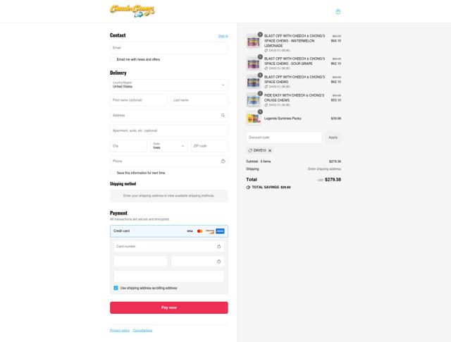 Cheech and Chong checkout page showing Cheech and Chong promo code box | Screenshot taken by SimplyCodes community member on Sep 12, 2025