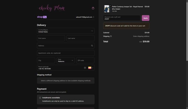 Cheeky Plum checkout page showing Cheeky Plum discount code box | Screenshot taken by SimplyCodes community member on Aug 28, 2025