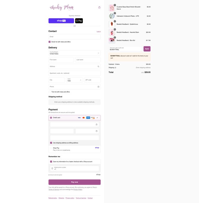 Cheeky Plum checkout page showing Cheeky Plum discount code box | Screenshot taken by SimplyCodes community member on Aug 27, 2025