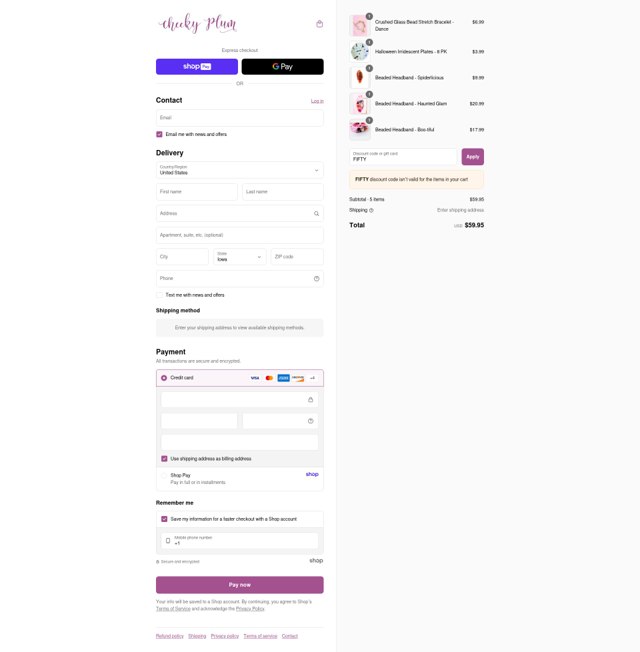 Cheeky Plum checkout page showing Cheeky Plum discount code box | Screenshot taken by SimplyCodes community member on Aug 27, 2025