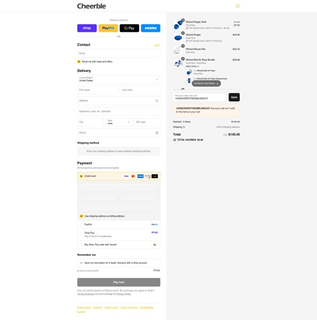 Cheerble checkout page showing Cheerble discount code box | Screenshot taken by SimplyCodes community member on Sep 7, 2025