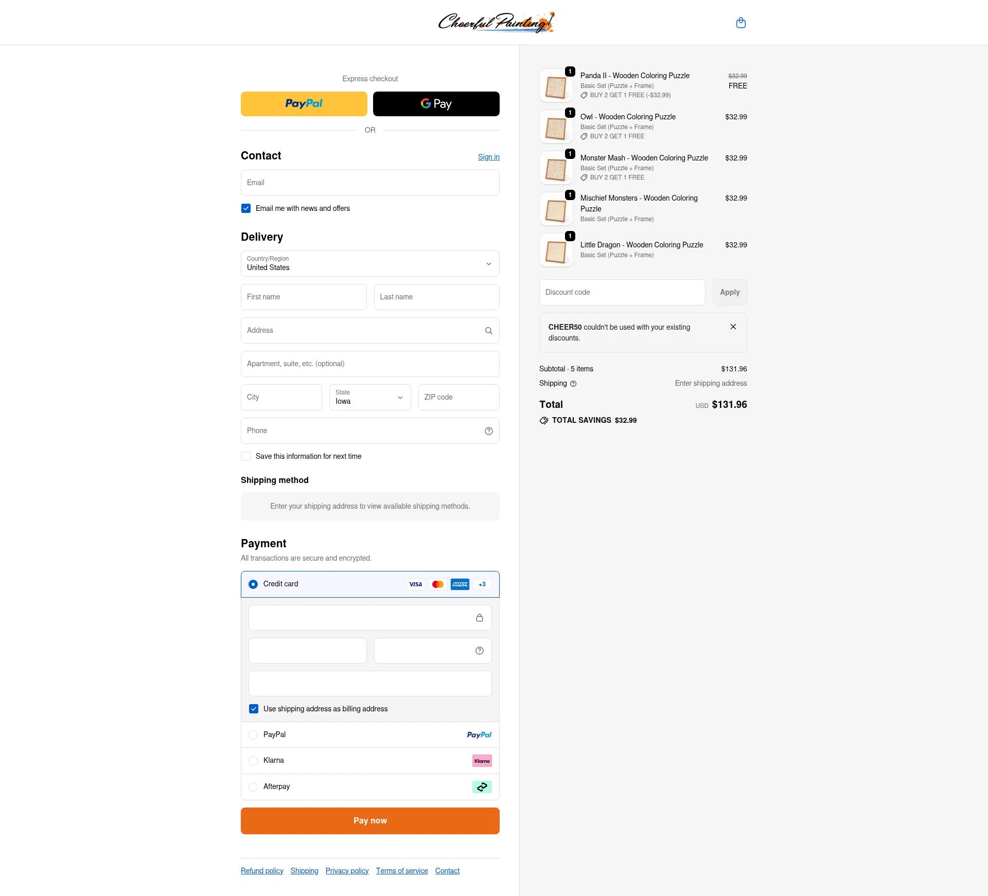 Cheerful Painting checkout page showing Cheerful Painting discount code box | Screenshot taken by SimplyCodes community member on Jan 10, 2026