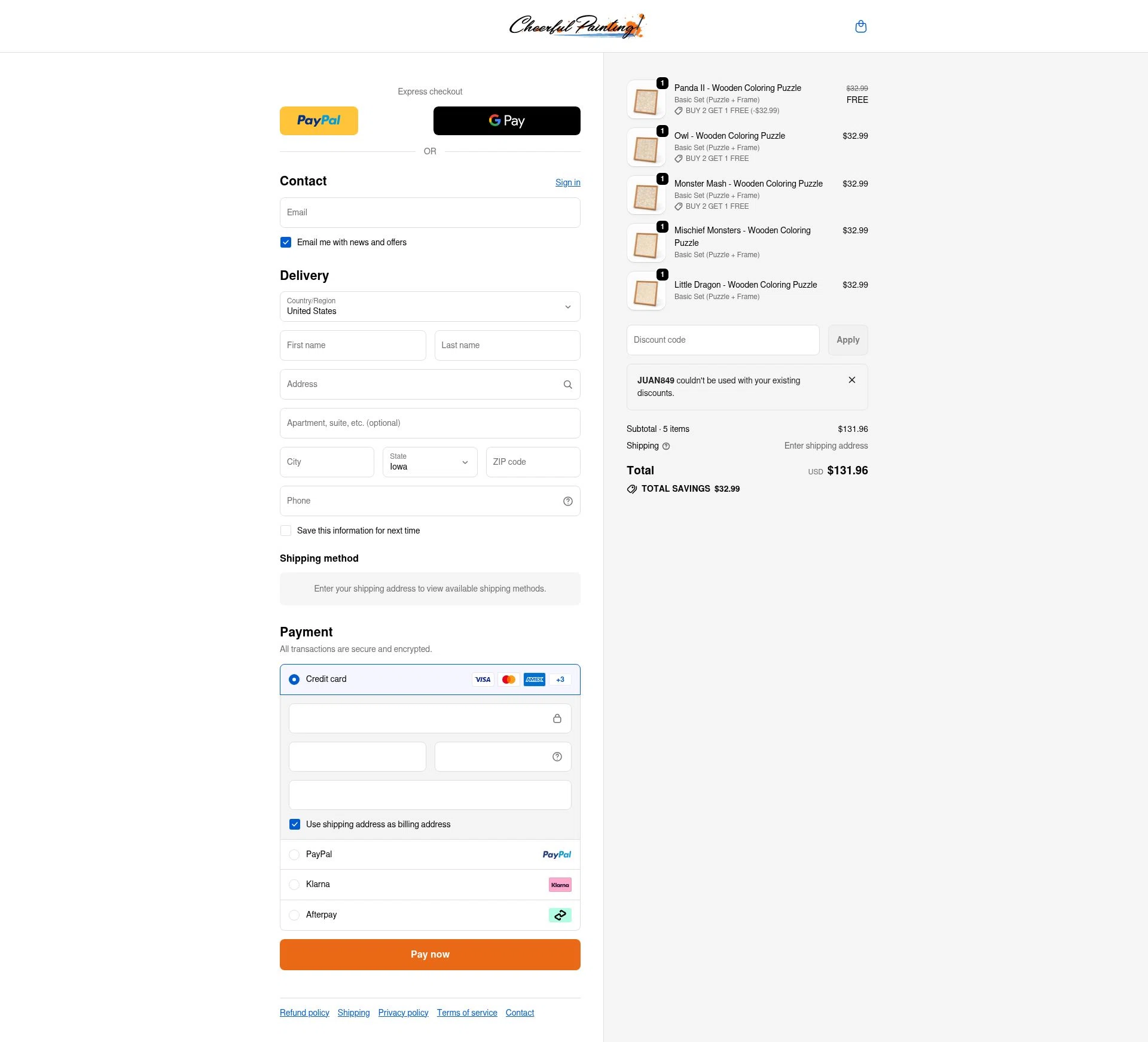 Cheerful Painting checkout page showing Cheerful Painting discount code box | Screenshot taken by SimplyCodes community member on Jan 10, 2026
