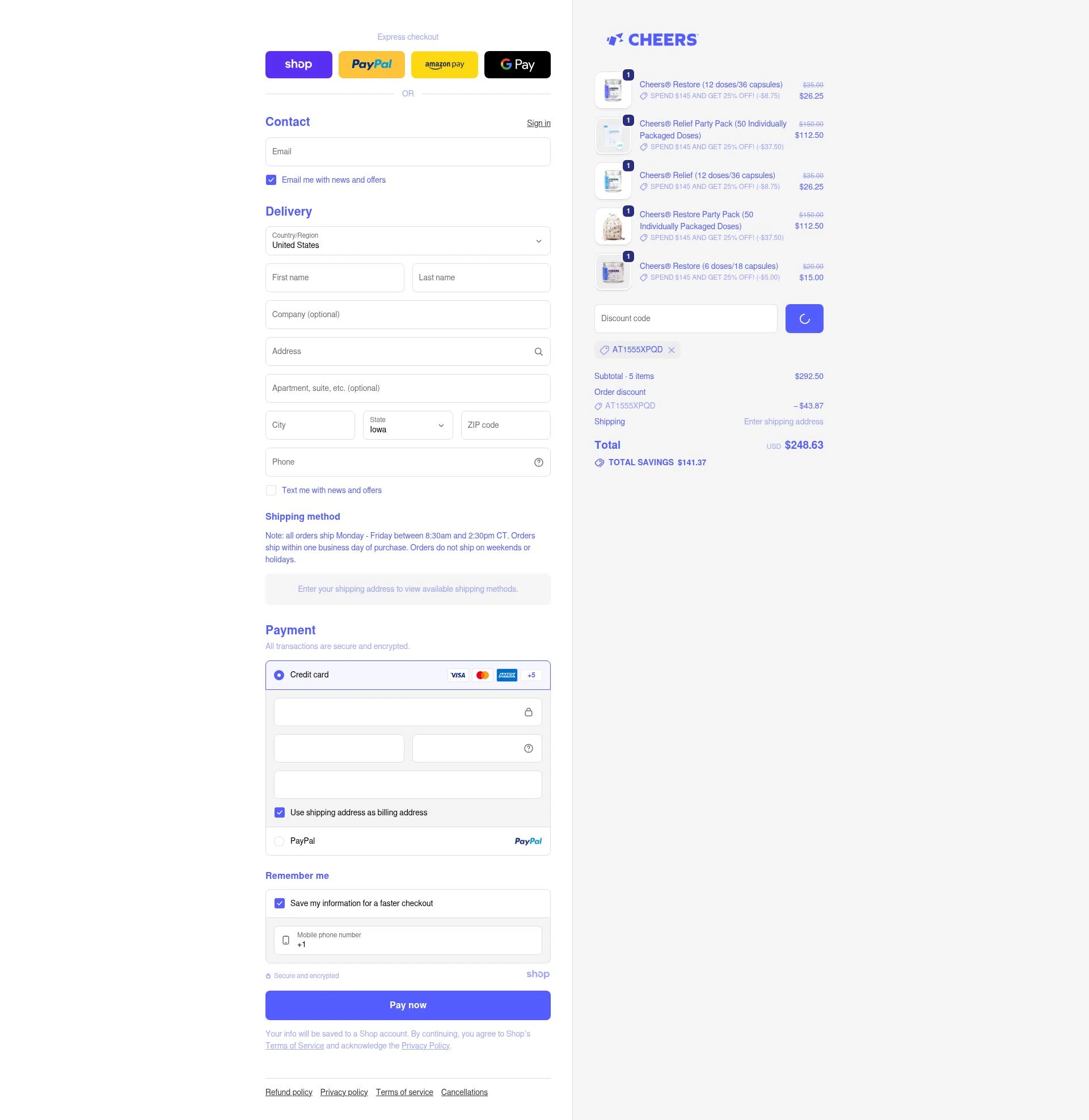Cheers checkout page showing Cheers promo code box | Screenshot taken by SimplyCodes community member on Dec 22, 2025