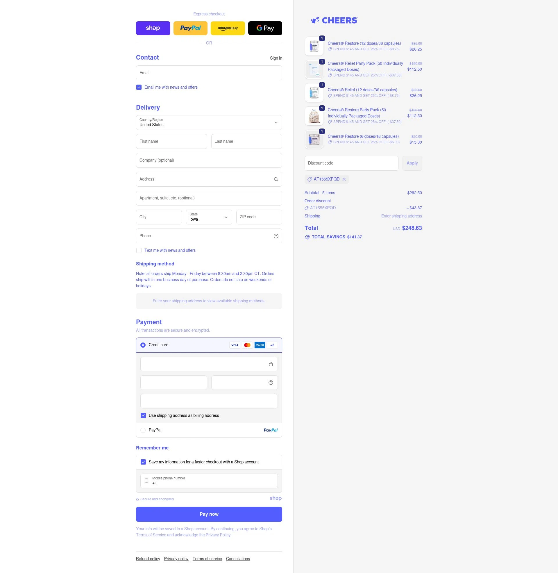 Cheers checkout page showing Cheers promo code box | Screenshot taken by SimplyCodes community member on Dec 9, 2025