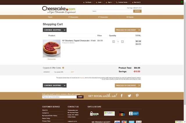 Cheesecake.com checkout page showing Cheesecake.com promo code box | Screenshot taken by SimplyCodes community member on Jul 16, 2025