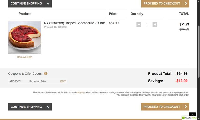 Cheesecake.com checkout page showing Cheesecake.com promo code box | Screenshot taken by SimplyCodes community member on Jun 19, 2025
