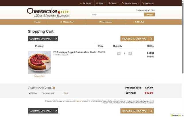 Cheesecake.com checkout page showing Cheesecake.com promo code box | Screenshot taken by SimplyCodes community member on Jul 24, 2025
