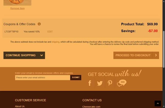 Cheesecake.com checkout page showing Cheesecake.com promo code box | Screenshot taken by SimplyCodes community member on Aug 17, 2025
