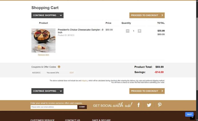 Cheesecake.com checkout page showing Cheesecake.com promo code box | Screenshot taken by SimplyCodes community member on Jun 19, 2025