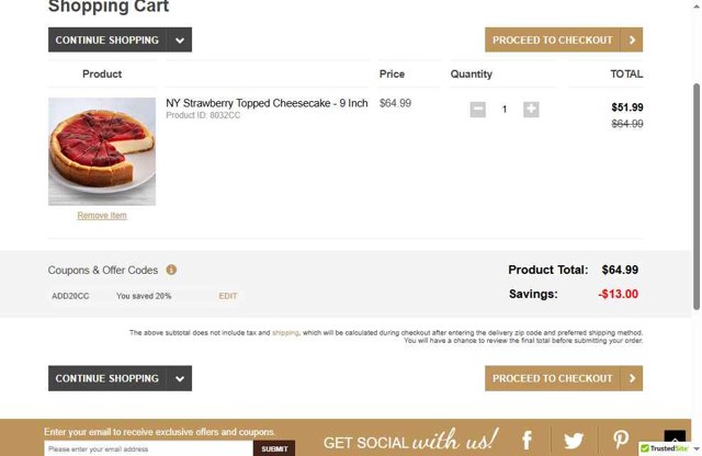 Cheesecake.com checkout page showing Cheesecake.com promo code box | Screenshot taken by SimplyCodes community member on Jul 10, 2025