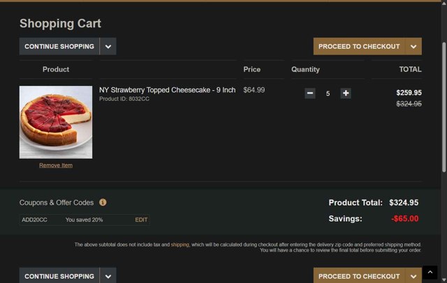 Cheesecake.com checkout page showing Cheesecake.com promo code box | Screenshot taken by SimplyCodes community member on Aug 6, 2025