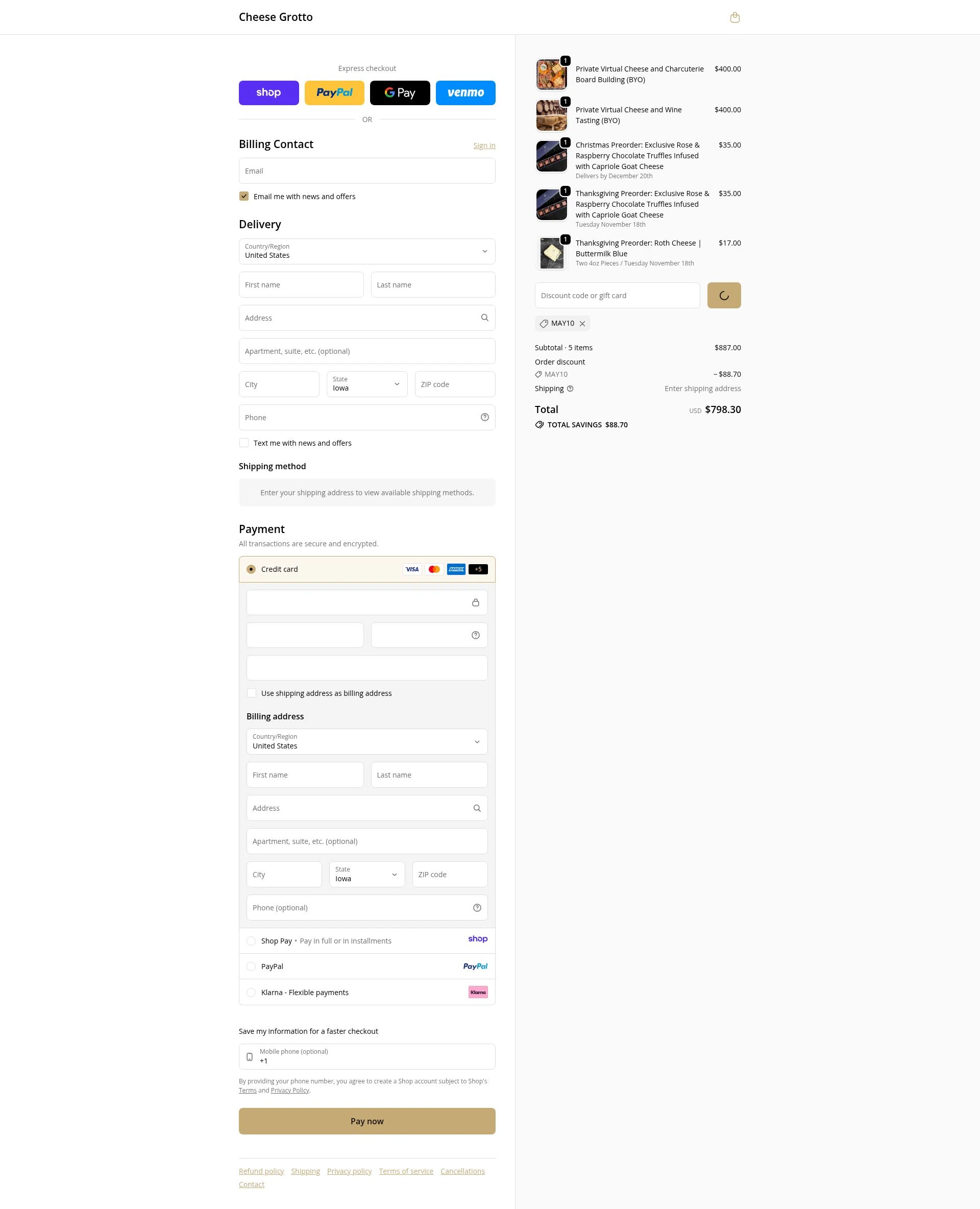 Cheese Grotto checkout page showing Cheese Grotto discount code box | Screenshot taken by SimplyCodes community member on Jan 10, 2026