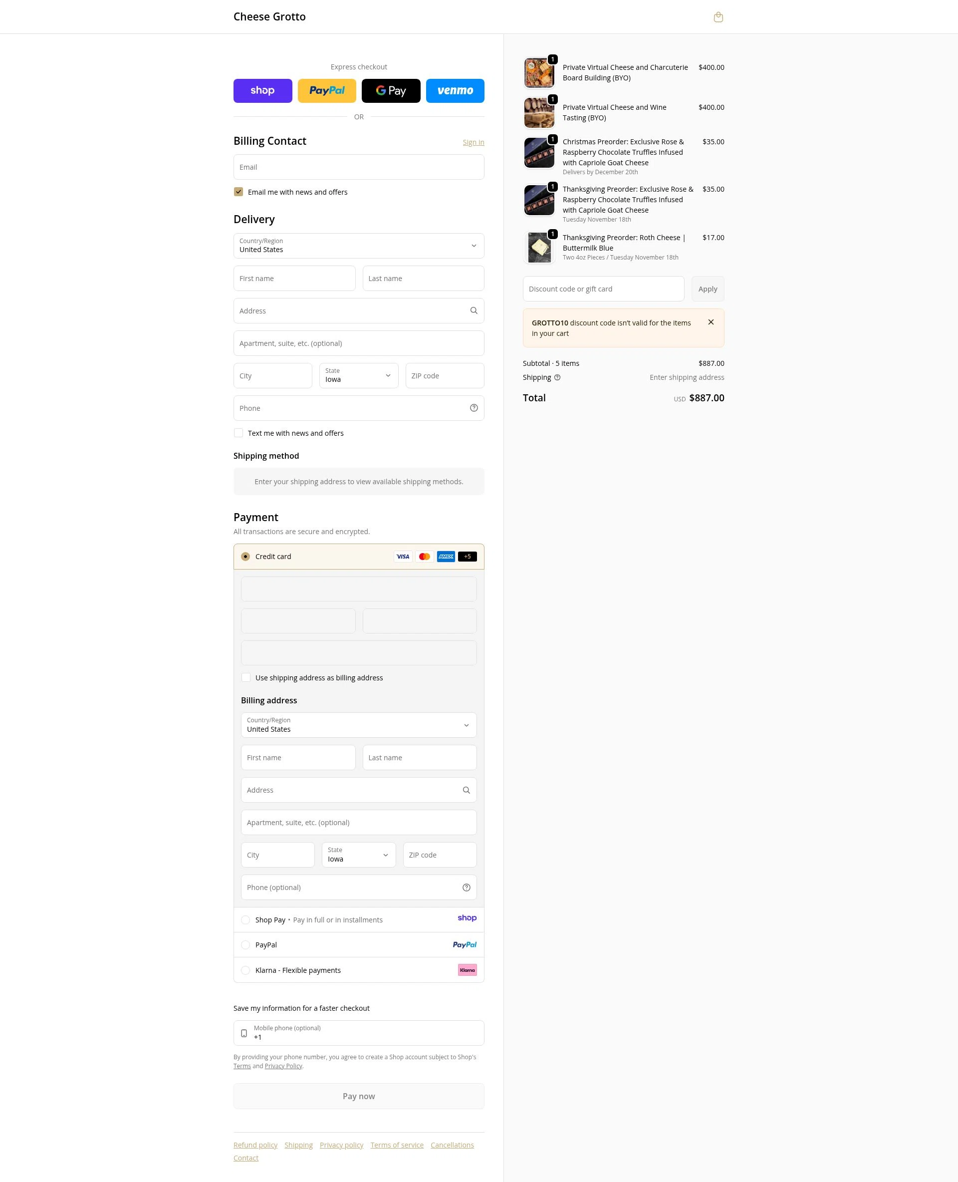 Cheese Grotto checkout page showing Cheese Grotto discount code box | Screenshot taken by SimplyCodes community member on Jan 10, 2026